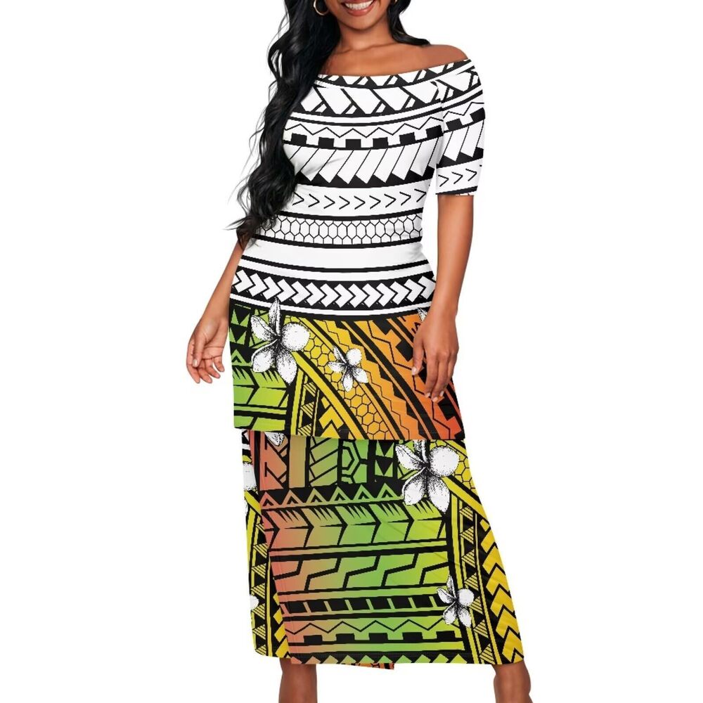 4370 Polynesian Dress Luau Plus Size Elbow Length Sleeve Cold Shoulder Maxi